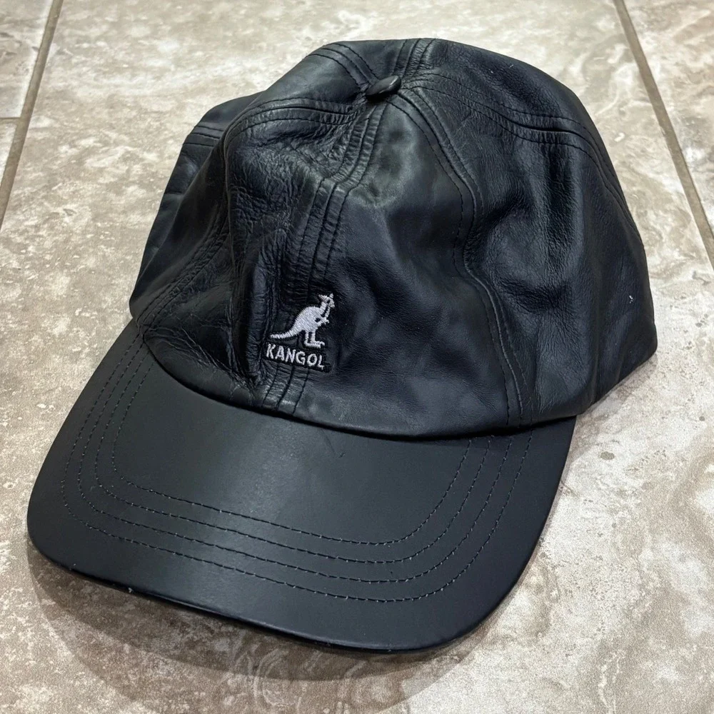 Kangol Black Leather Baseball Cap Hat Mens L/XL 8042BC02 Vintage Logo Streetwear
